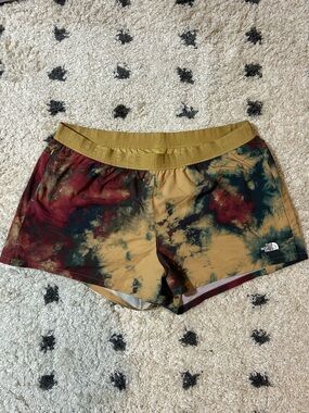 The North Face Women's Tie-Dye Athletic Shorts in Mustard, Burgundy & Green